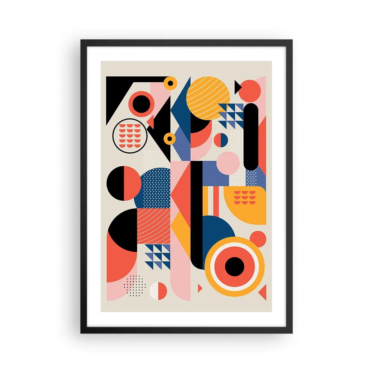 Plakat i sort ramme - Farverig geometrisk abstraktion med dynamiske former - 50x70cm - Komposition: Leg - Moderne vægdekoration til stue og soveværelse ARTTOR