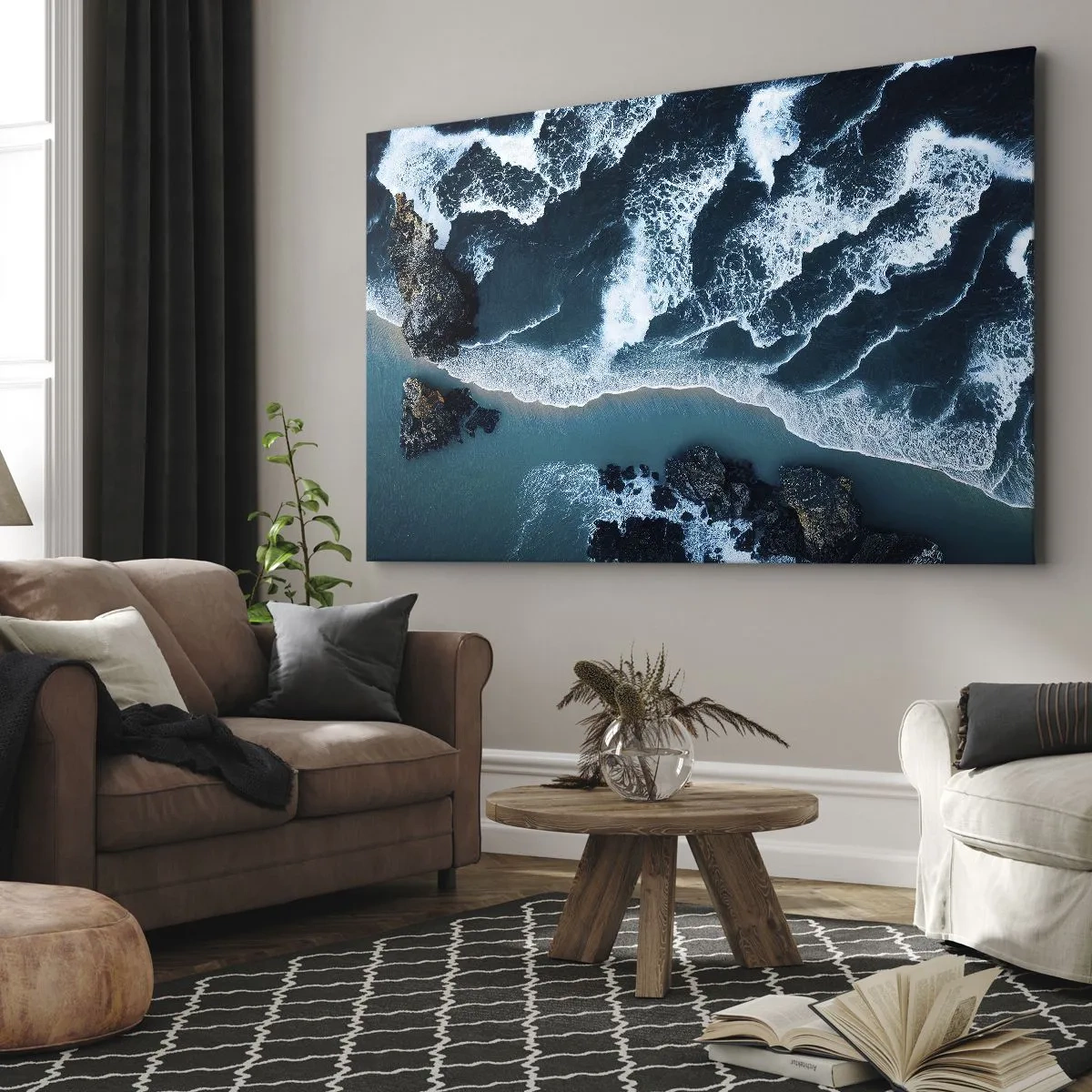 Lærredstryk - Billede på lærred - Luftfoto af bølger, der slår mod kysten - 70x50cm - Svøbt i bølger - Moderne vægdekoration til stue og soveværelse ARTTOR