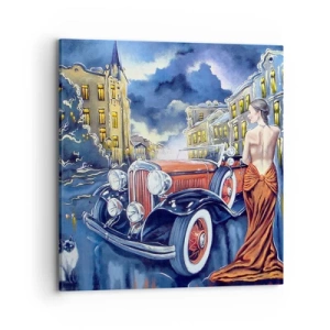 Lærredstryk - Billede på lærred - Nocturne i blå og koral - 70x70 cm