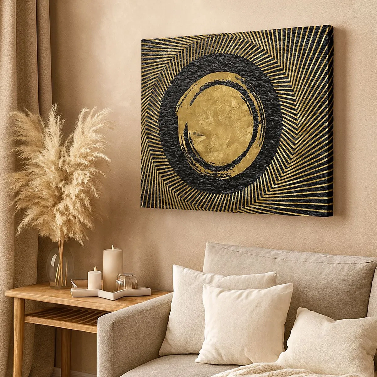 Lærredstryk - Billede på lærred - Geometrisk komposition i sort og guld med stråler - 70x50cm - Glamour-komposition - Moderne vægdekoration til stue og soveværelse ARTTOR