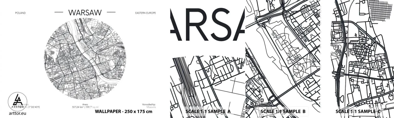 Fototapet Prøve Standard Eco - Warszawas anatomi - Kort, Warszawa, Polen - 100x30 cm