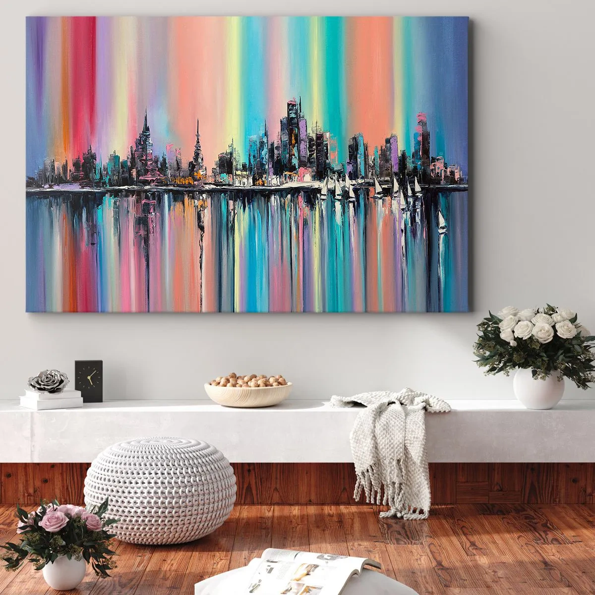 Lærredstryk - Billede på lærred - Farverigt bybillede med refleksion på vandet - 70x50cm - Skinne nattens lys - Moderne vægdekoration til stue og soveværelse ARTTOR