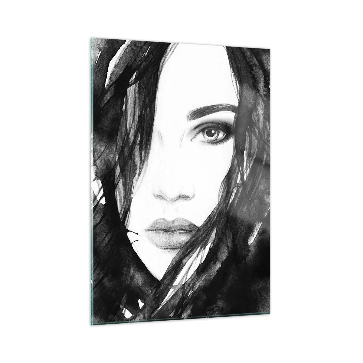 Billede på glas - Portræt af en dame i sort og hvidt - 50x70 cm