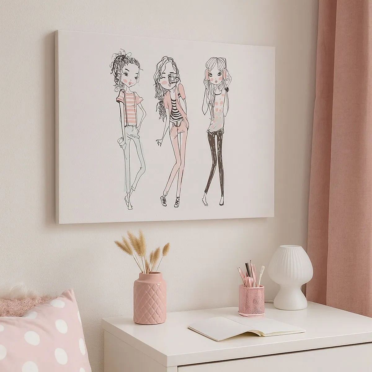 Lærredstryk - Billede på lærred - Illustration af moderigtige piger i pastelfarver - 70x50cm - Det bliver sjovt - Moderne vægdekoration til stue og soveværelse ARTTOR