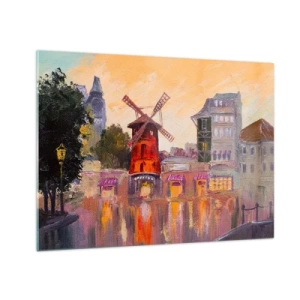 Billede på glas - Den røde vindmølle på Moulin Rouge blandt parisiske lejlighedshuse - 70x50cm - Parisiske ikoner - Moulin Rouge - Moderne vægdekoration til stue og soveværelse ARTTOR