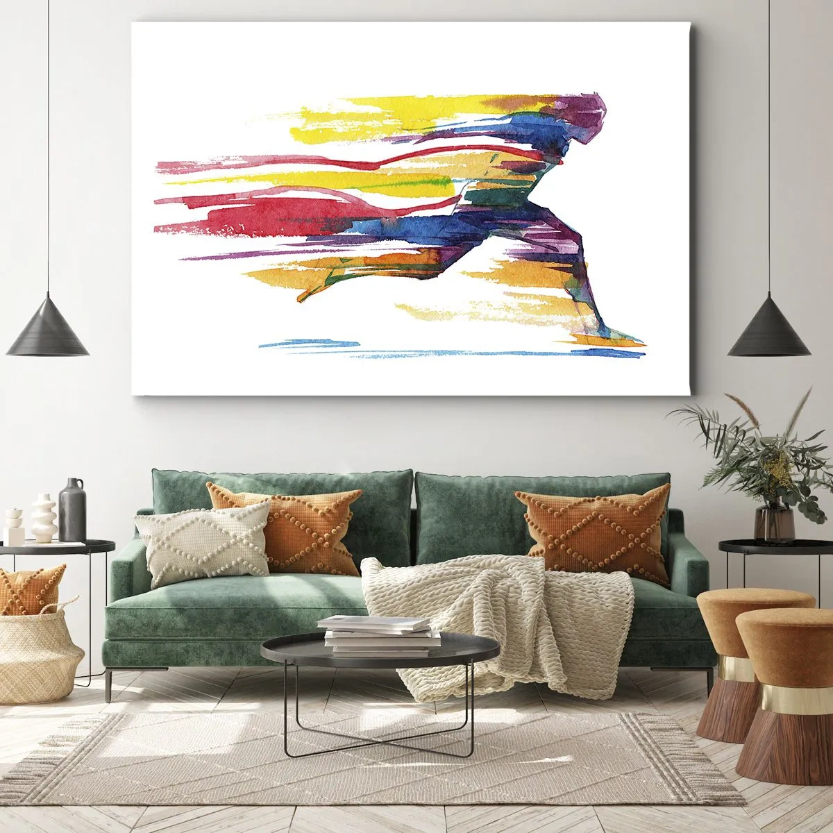Lærredstryk - Billede på lærred - En løber i abstrakte farver, der symboliserer dynamik og energi - 70x50cm - Løb over regnbuen - Moderne vægdekoration til stue og soveværelse ARTTOR
