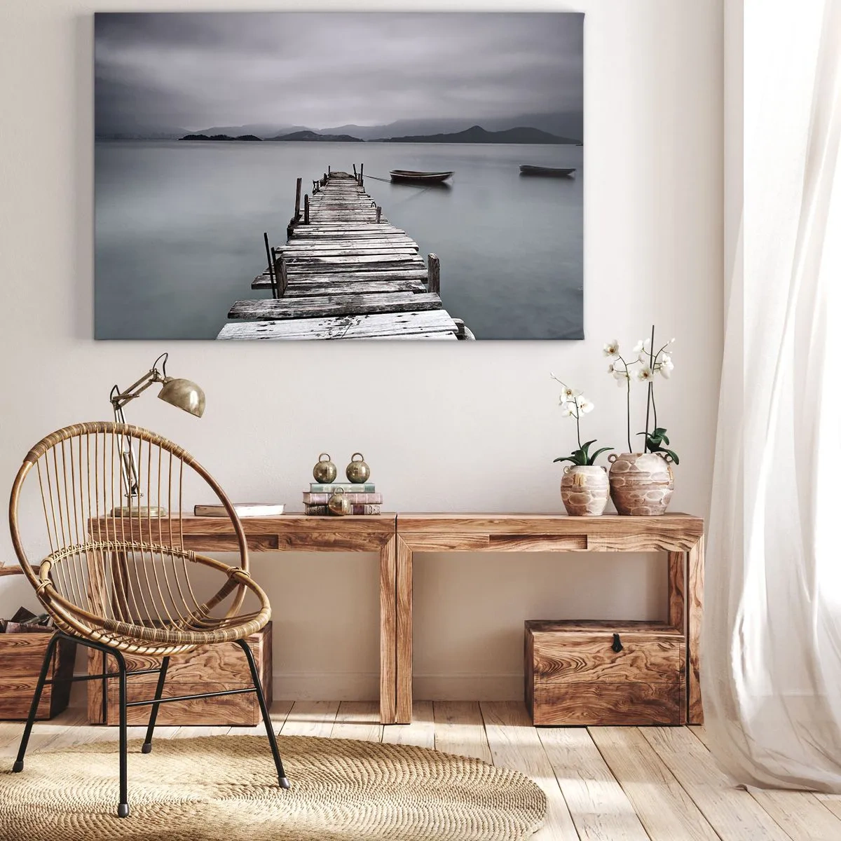 Lærredstryk - Billede på lærred - En træbro, der fører til søens rolige overflade - 70x50cm - Du kan tage af sted i morgen - Moderne vægdekoration til stue og soveværelse ARTTOR