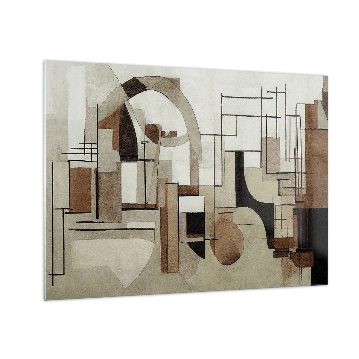 Billede på glas - Geometrisk landskab i nuancer af brunt og beige - 70x50cm - Bybillede 2.0 - Moderne vægdekoration til stue og soveværelse ARTTOR