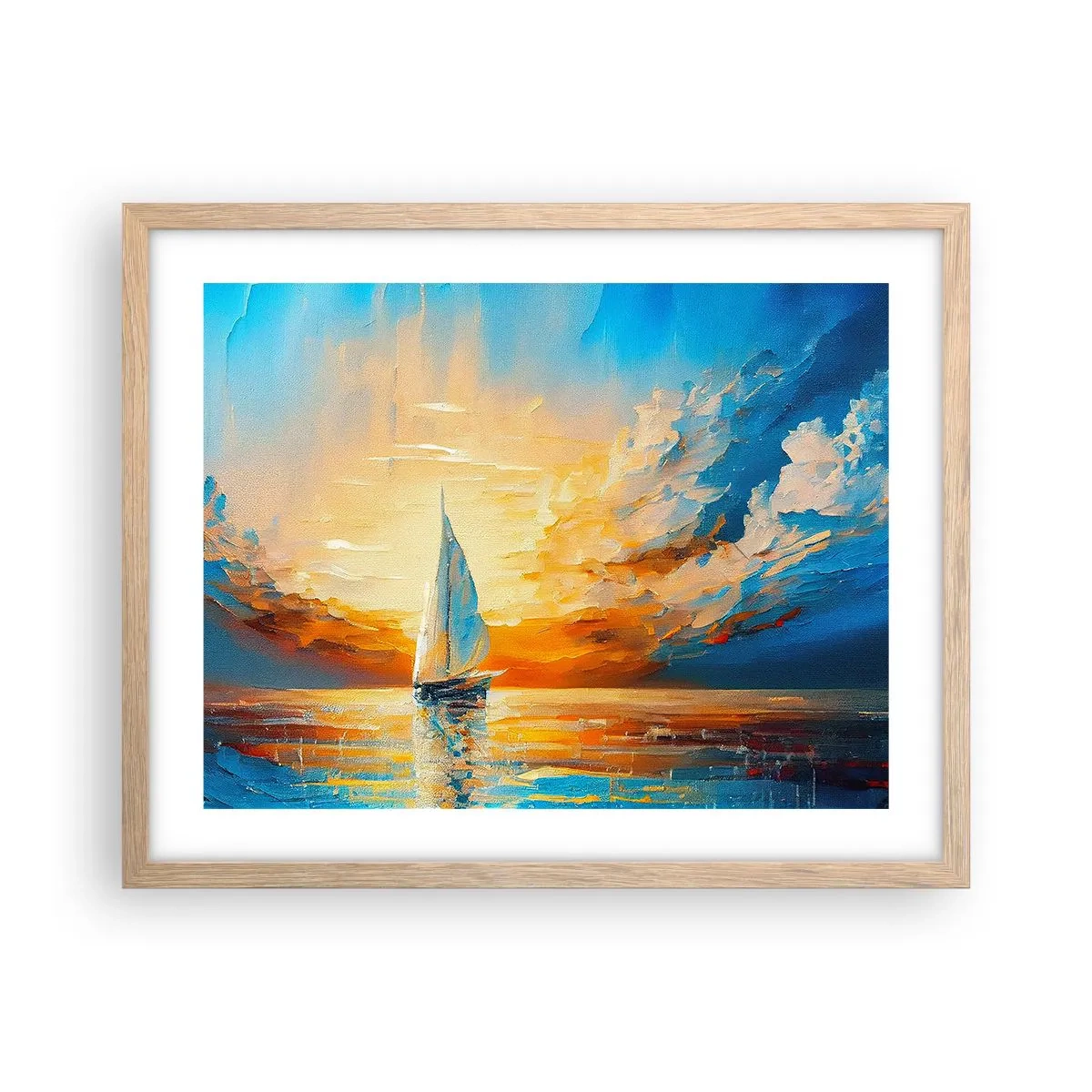 Plakat i ramme af lyst egetræ - Sejler i guld - 50x40 cm