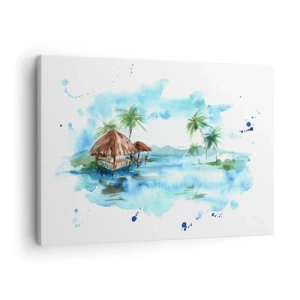 Lærredstryk - Billede på lærred - Akvarelmaleri af et tropisk landskab med huse og palmer - 70x50cm - Et sted i Stillehavet - Moderne vægdekoration til stue og soveværelse ARTTOR