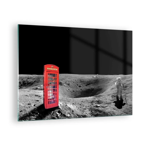 Billede på glas - En rød telefonboks på måneoverfladen med en astronaut - 70x50cm - Kosmisk vittighed - Moderne vægdekoration til stue og soveværelse ARTTOR