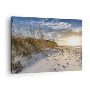 Lærredstryk - Billede på lærred - Klitter med græs og fodspor i sandet ved solnedgang - 70x50cm - Indbydelse til en vandretur - Moderne vægdekoration til stue og soveværelse ARTTOR