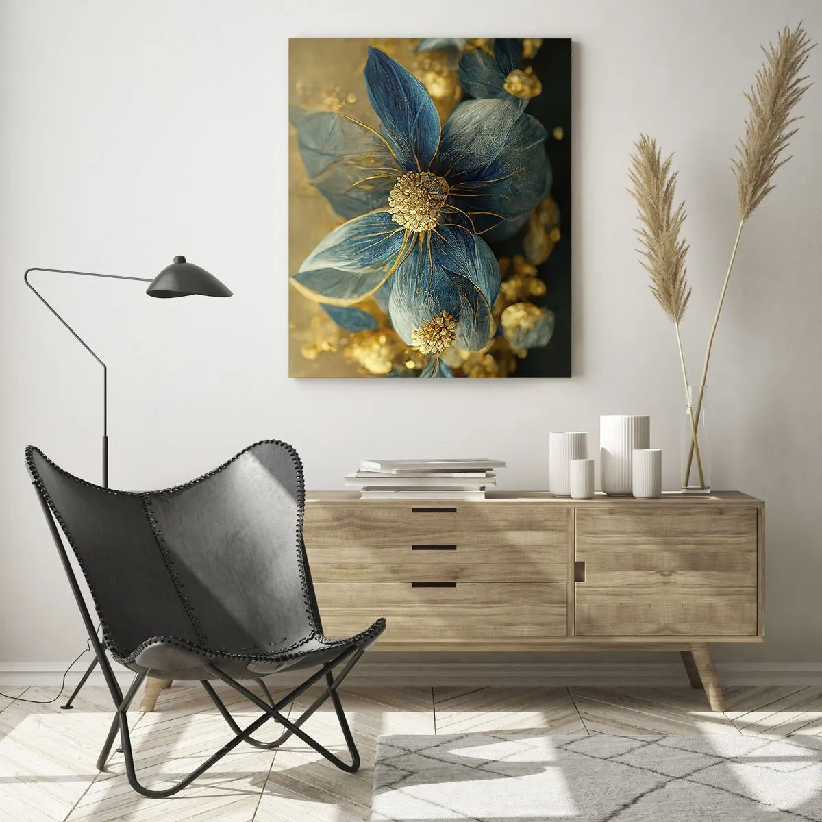 Billede på glas - Blomstre med guld - 70x100 cm