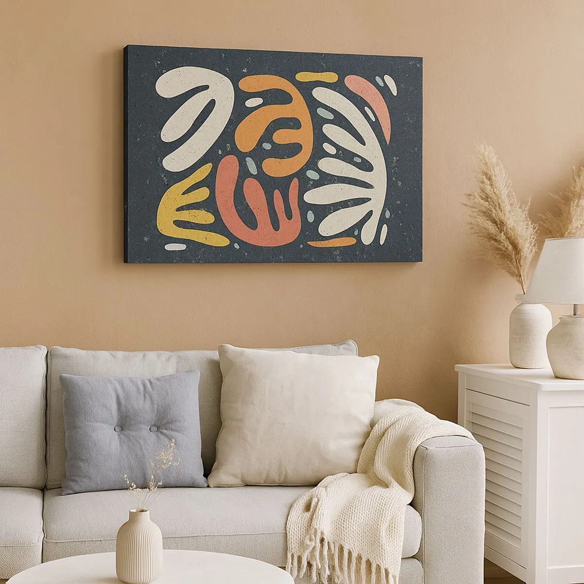 Lærredstryk - Billede på lærred - Abstrakte former i varme farver på en mørk baggrund - 70x50cm - Komposition - jeg er ved at fange dig - Moderne vægdekoration til stue og soveværelse ARTTOR