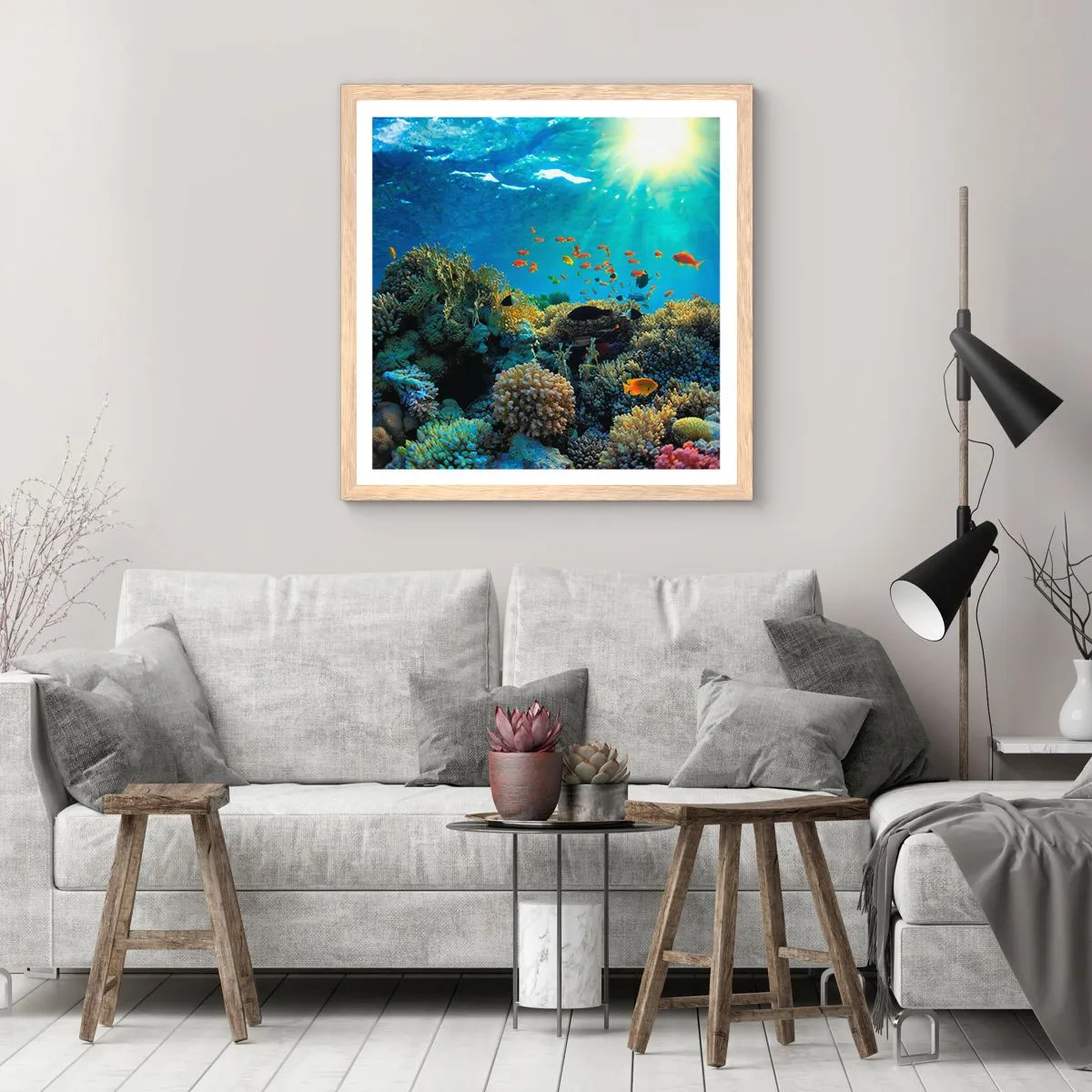 Plakat i ramme af lyst egetræ - Undervandsskatte - 40x40 cm