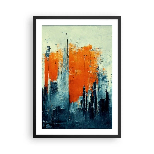 Plakat i sort ramme - Abstrakt bypanorama i nuancer af orange og marineblå - 50x70cm - Moderne landskab - Moderne vægdekoration til stue og soveværelse ARTTOR