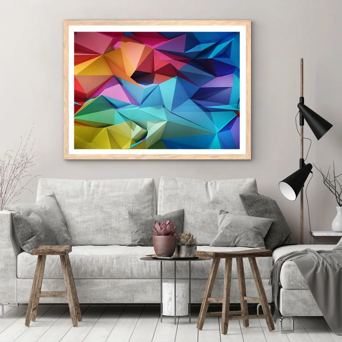 Plakat i ramme af lyst egetræ - Regnbue origami - 50x40 cm