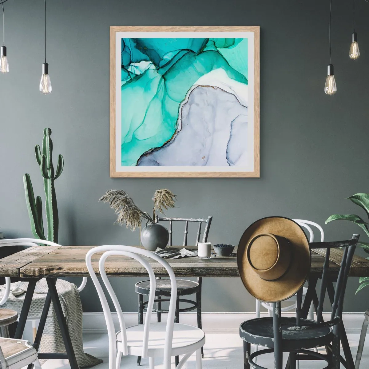 Plakat i ramme af lyst egetræ - Undersøgelse i turkis - 60x60 cm