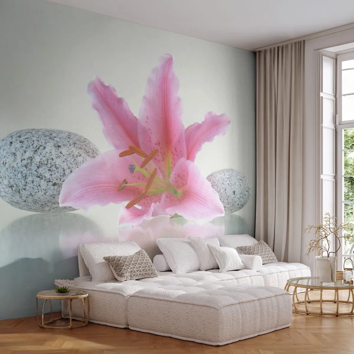 Fototapet Premium Canvas - Et studie i rosa, grå og hvid - Blomster, Lily, Sten - 250x175 cm