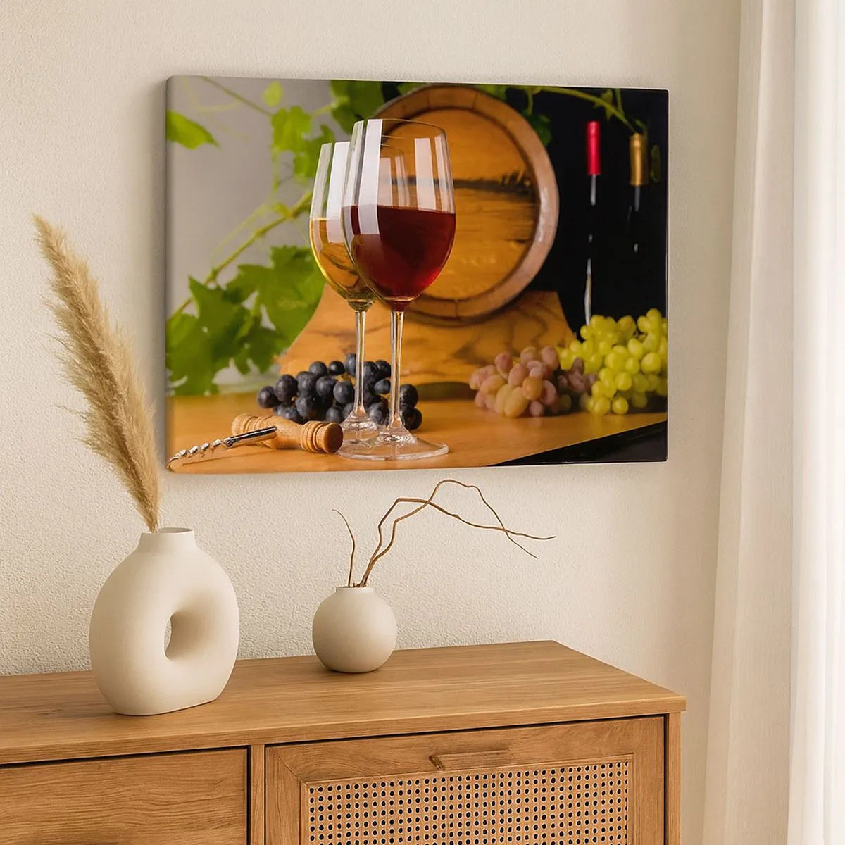 Lærredstryk - Billede på lærred - Glas vin med druer, en tønde og flasker på et træbord - 70x50cm - Som de gamle mestre - Moderne vægdekoration til stue og soveværelse ARTTOR