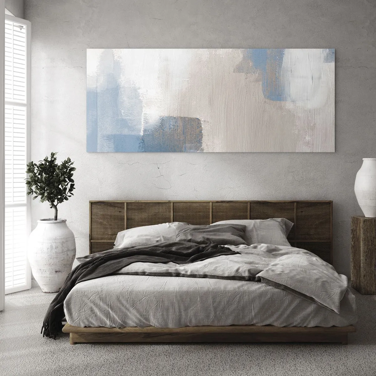 Billede på glas - Lyserød abstraktion bag et slør af blåt - 160x50 cm