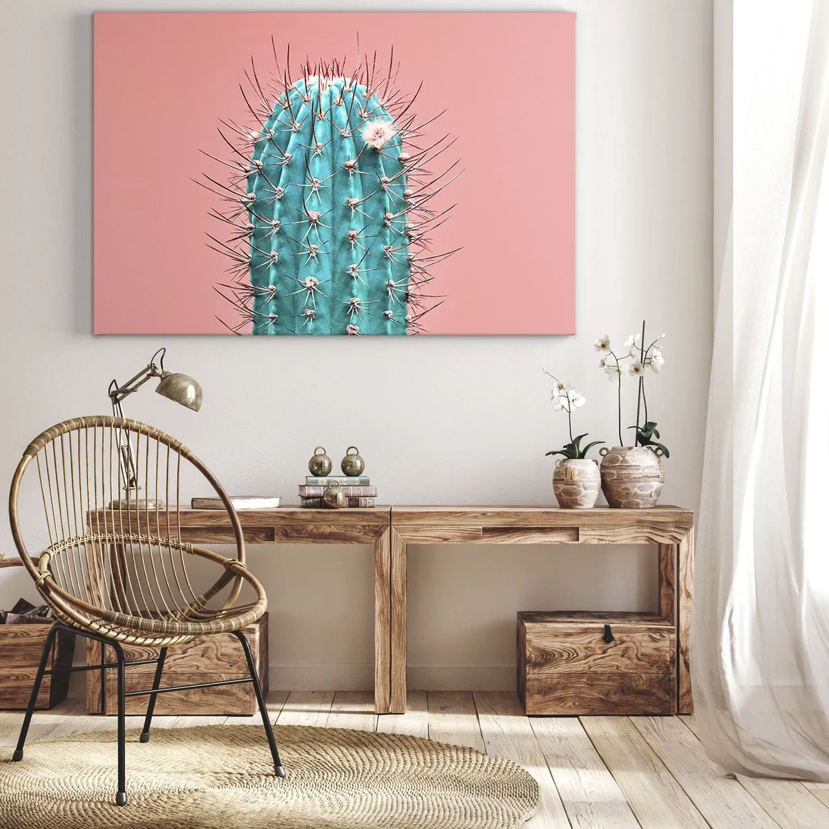 Lærredstryk - Billede på lærred - En kunstnerisk version af en kaktus på en lyserød baggrund - 70x50cm - Bare se - Moderne vægdekoration til stue og soveværelse ARTTOR