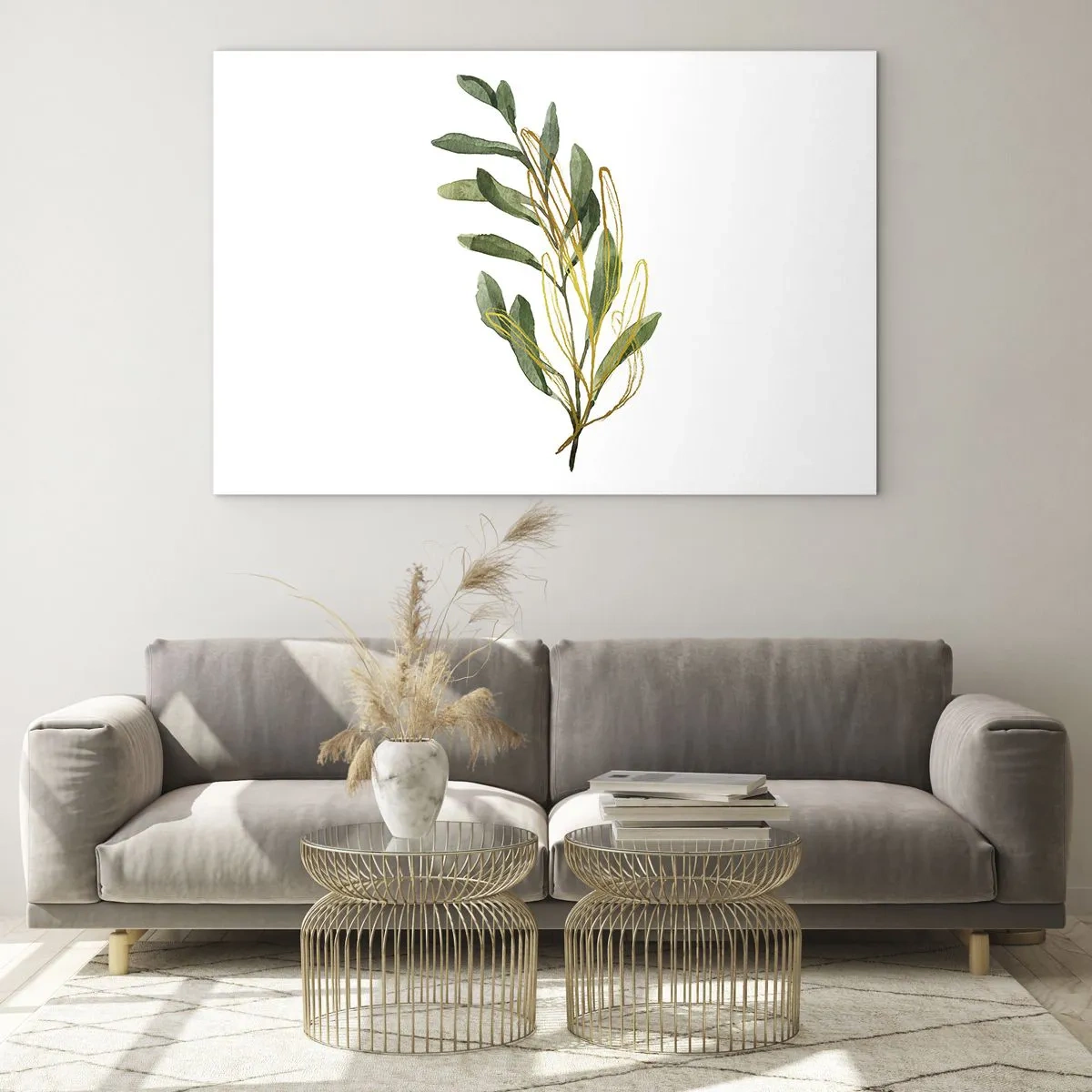 Billede på glas - En grøn gren med en delikat guld accent - 70x50cm - Alt, hvad der er godt - Moderne vægdekoration til stue og soveværelse ARTTOR