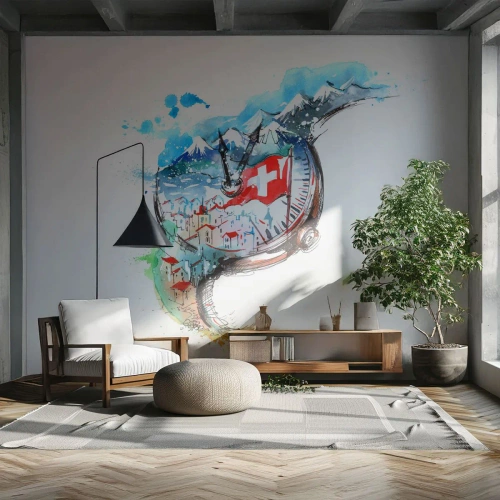 Fototapet Premium Canvas - Schweiz' ånd - Abstraktion, schweizisk ur, Alperne - 450x315 cm