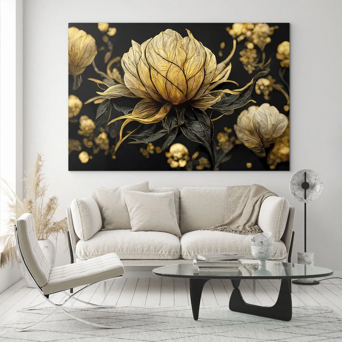 Billede på glas - Gyldne blomster på en sort baggrund i en elegant komposition - 70x50cm - Subtil skrøbelighed - Moderne vægdekoration til stue og soveværelse ARTTOR