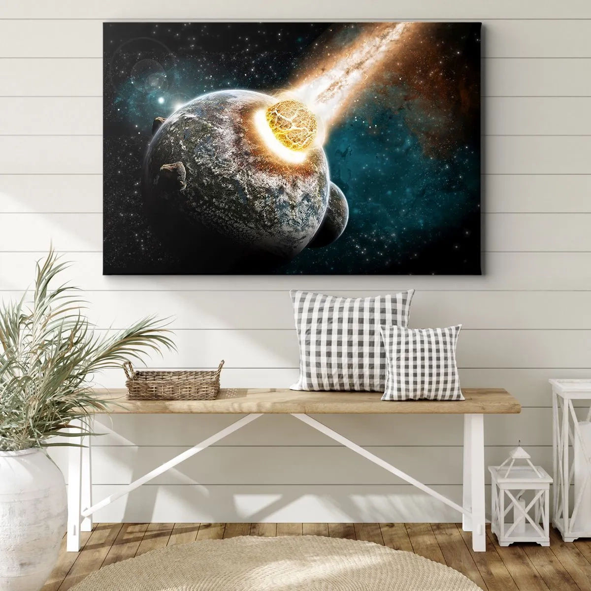 Lærredstryk - Billede på lærred - Kosmisk kollision mellem en planet og en asteroide i nærheden af galaksen. - 70x50cm - Udslettelse eller fødsel? - Moderne vægdekoration til stue og soveværelse ARTTOR