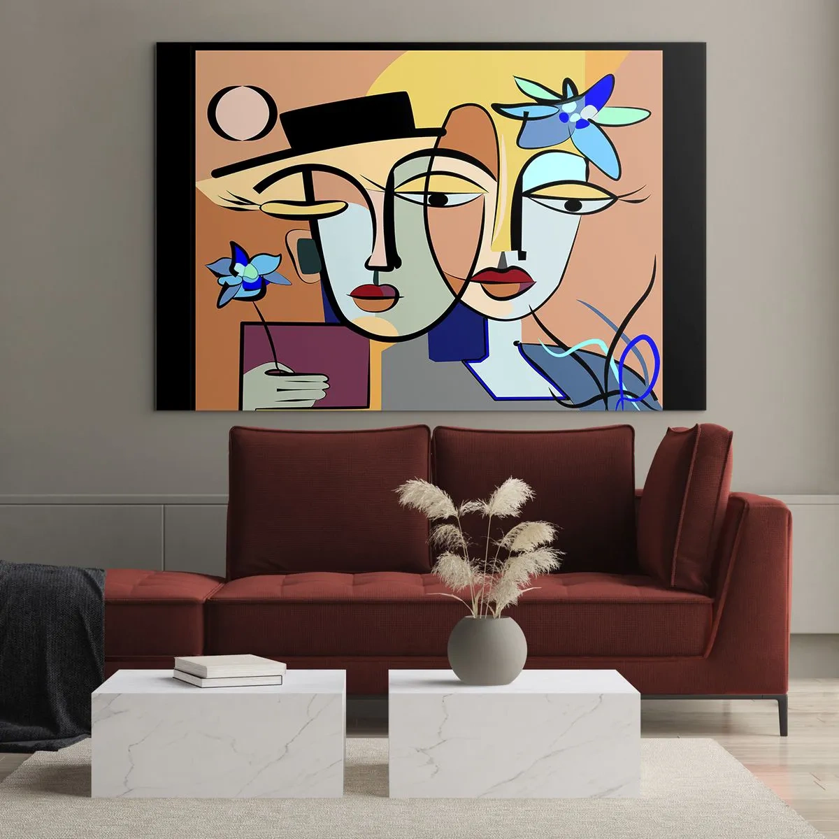 Billede på glas - Farverige ansigter i kubistisk stil med blomster - 70x50cm - Picassos randez vous - Moderne vægdekoration til stue og soveværelse ARTTOR
