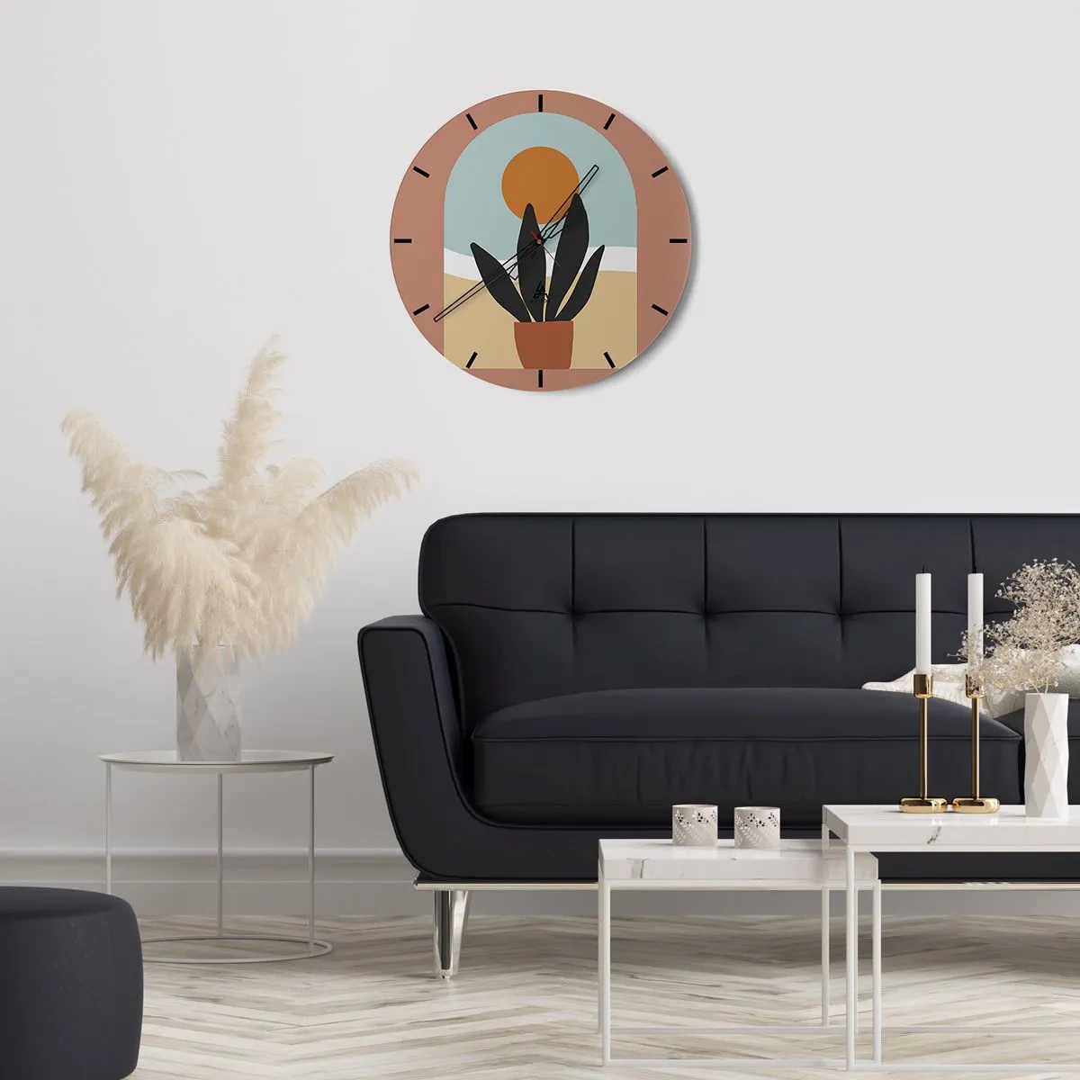 Vægur, Uret - En minimalistisk potteplante mod solens baggrund - 30x30cm - Små glæder - Moderne vægdekoration til stue, køkken og soveværelse ARTTOR
