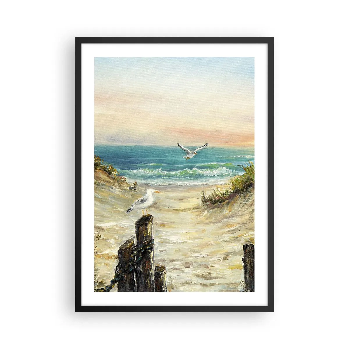 Plakat i sort ramme - Strand med måger og bølger ved solnedgang - 50x70cm - Vindstille tilbagetog - Moderne vægdekoration til stue og soveværelse ARTTOR