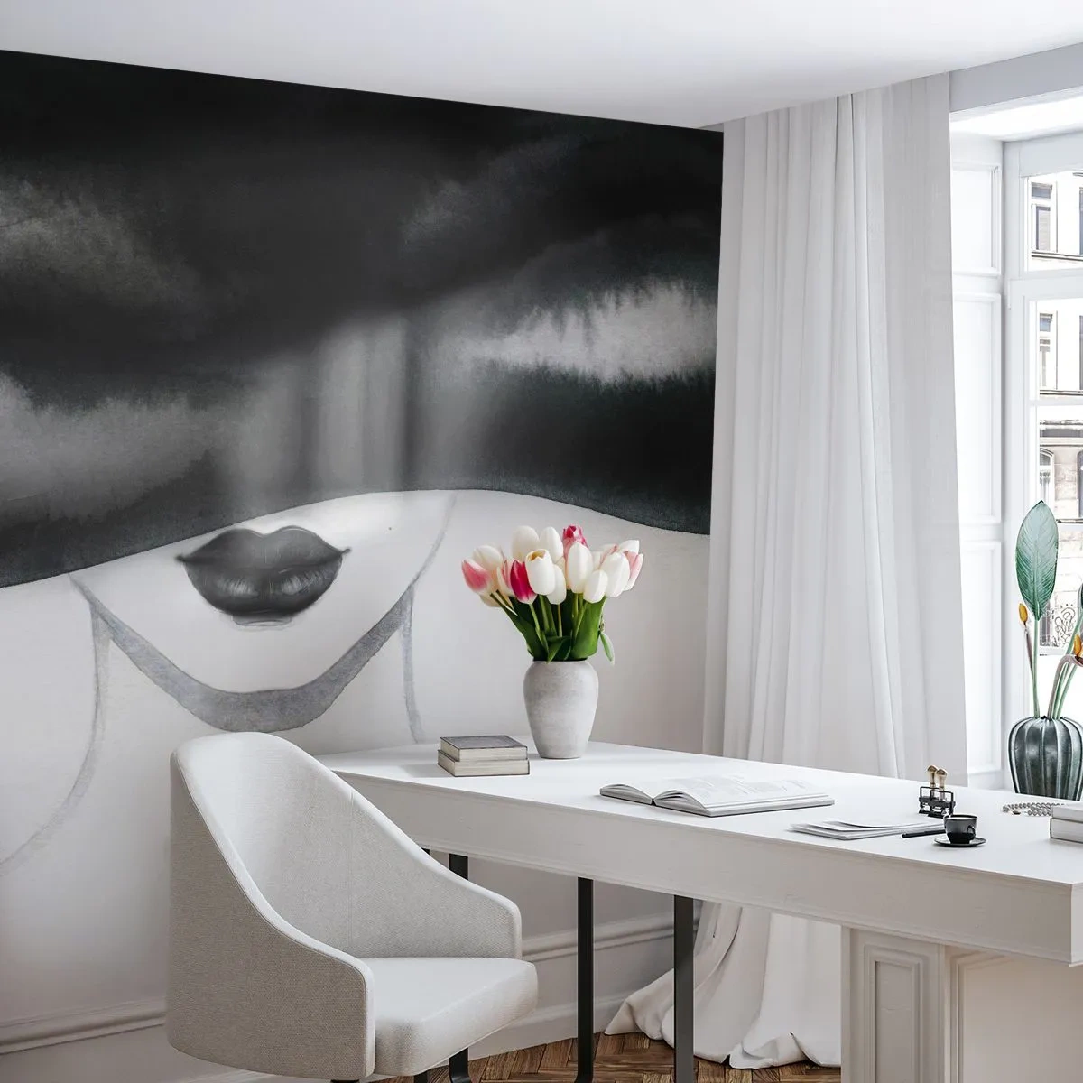 Fototapet Standard Eco - Et sensuelt mysterium - Kvinde i en hat, Model, Sort og hvid - 350x256 cm