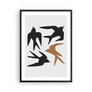 Plakat i sort ramme - Stiliserede silhuetter af svaler på en lys baggrund - 50x70cm - Sluge spil - Moderne vægdekoration til stue og soveværelse ARTTOR