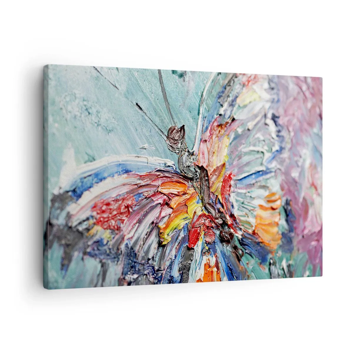 Lærredstryk - Billede på lærred - Farverig impasto-sommerfugl på en pastelfarvet baggrund - 70x50cm - Malet af naturen - Moderne vægdekoration til stue og soveværelse ARTTOR