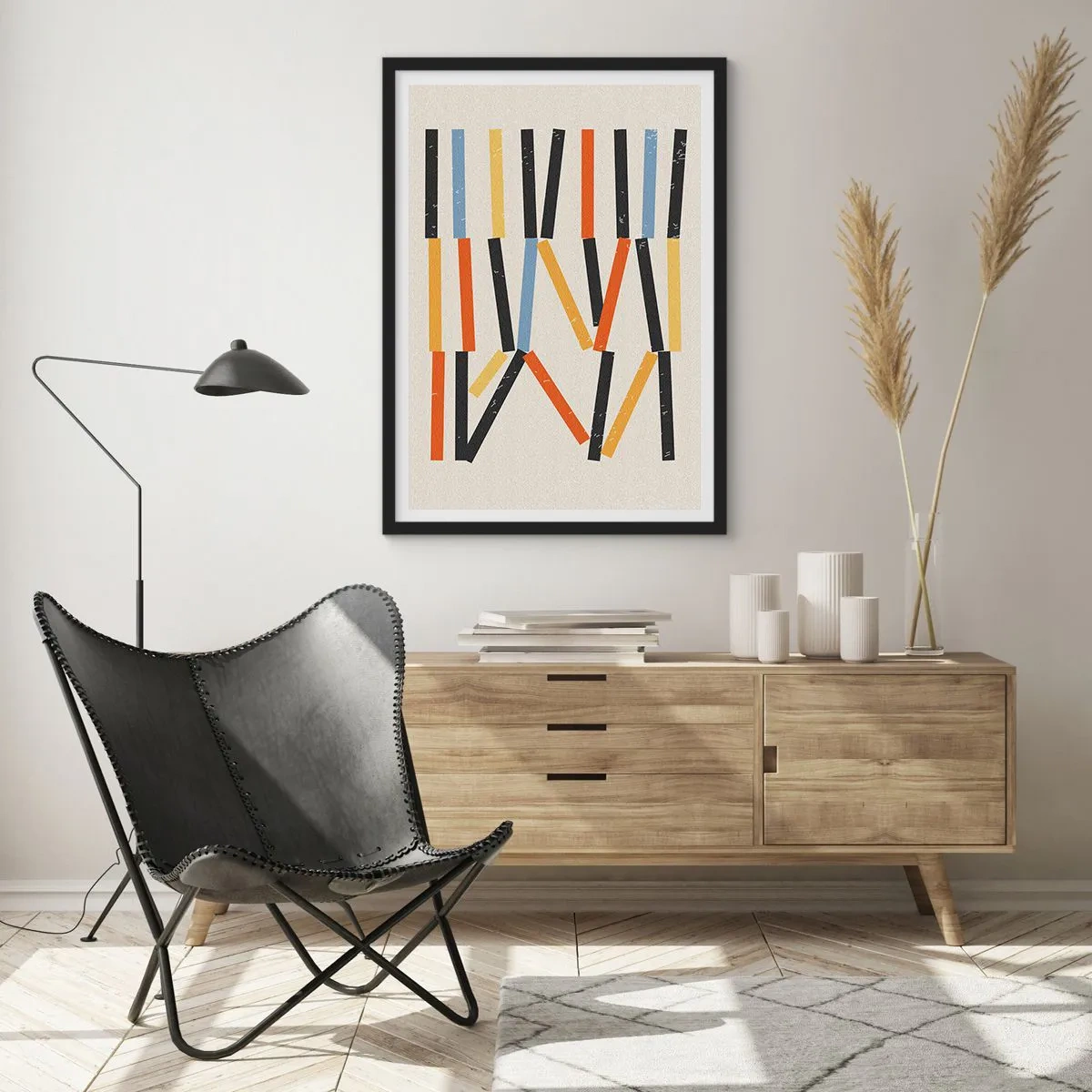 Plakat i sort ramme - Farverig geometrisk abstraktion med lodrette linjer - 50x70cm - Vandret komposition - Moderne vægdekoration til stue og soveværelse ARTTOR