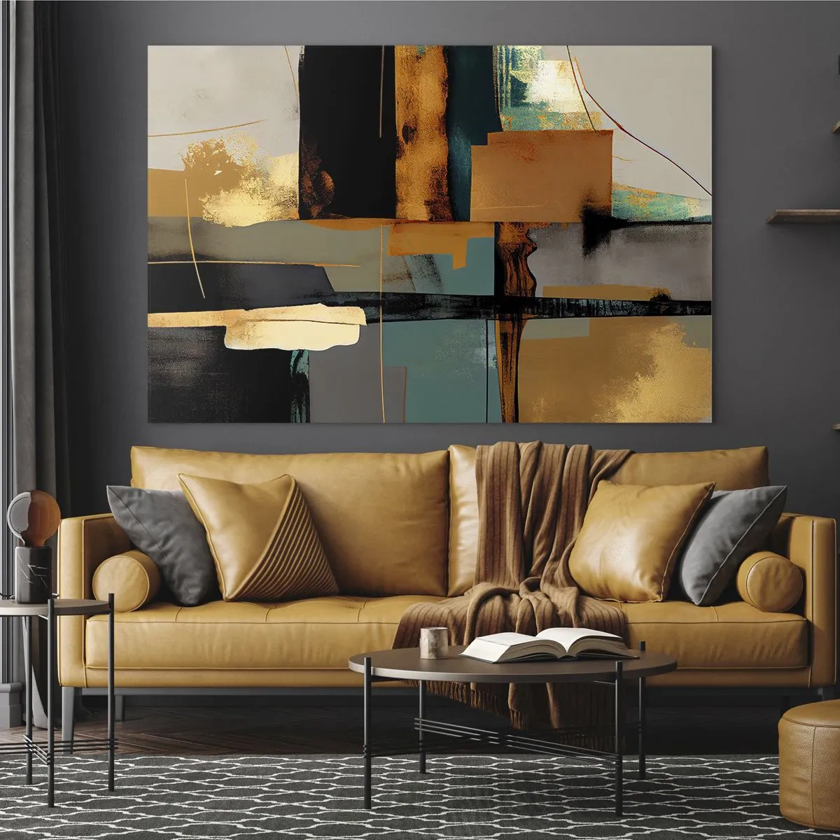 Billede på glas - Moderne abstraktion med kontrasterende guld, sort og turkis - 70x50cm - Abstraktion - lys og skygge - Moderne vægdekoration til stue og soveværelse ARTTOR