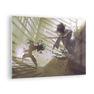 Billede på glas - Samurai-duel i en dynamisk scene - 70x50cm - Og du kan være en samurai - Moderne vægdekoration til stue og soveværelse ARTTOR