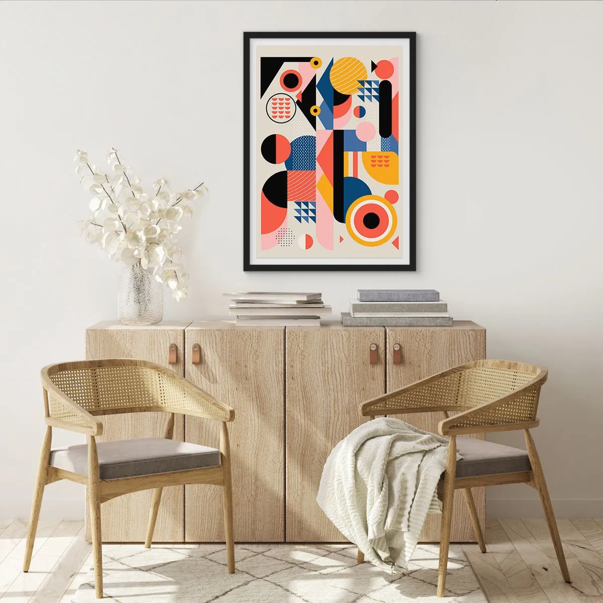 Plakat i sort ramme - Farverig geometrisk abstraktion med dynamiske former - 50x70cm - Komposition: Leg - Moderne vægdekoration til stue og soveværelse ARTTOR