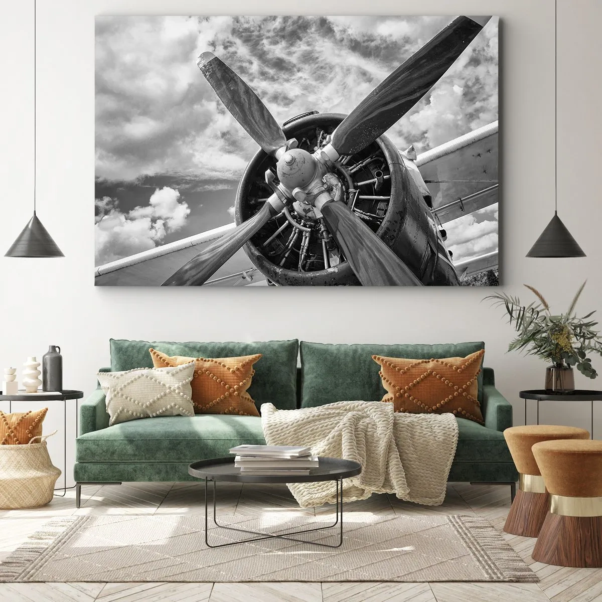 Lærredstryk - Billede på lærred - Et sort-hvidt foto af en flypropel mod en dynamisk himmel. - 70x50cm - Himmelens erobrer - Moderne vægdekoration til stue og soveværelse ARTTOR