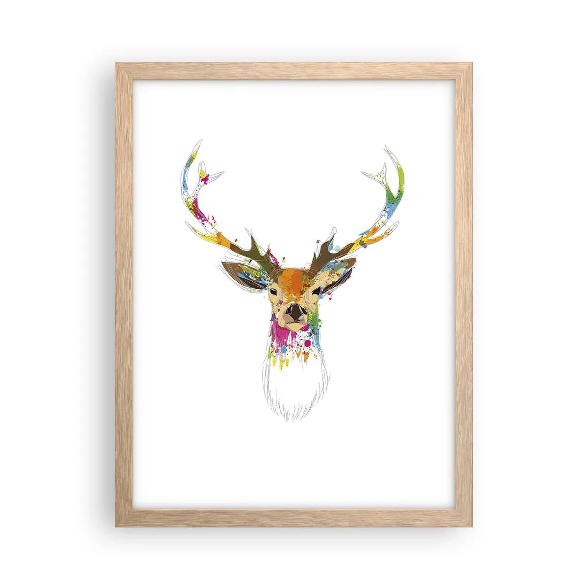 Plakat i ramme af lyst egetræ - Blid kronhjort badet i farver - 30x40 cm