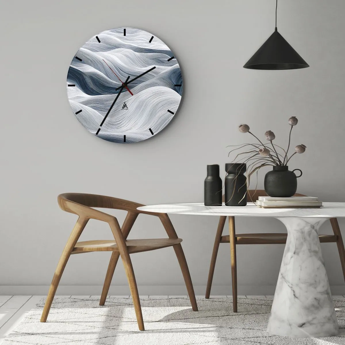 Vægur, Uret - Grafiske, bølgede linjer i hvide og blå toner - 30x30cm - Hvide og blå bølger - Moderne vægdekoration til stue, køkken og soveværelse ARTTOR