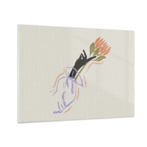 Billede på glas - En stiliseret hånd med en blomsterbuket tegnet med pastelfarvede linjer. - 70x50cm - En søsterlig berøring - Moderne vægdekoration til stue og soveværelse ARTTOR