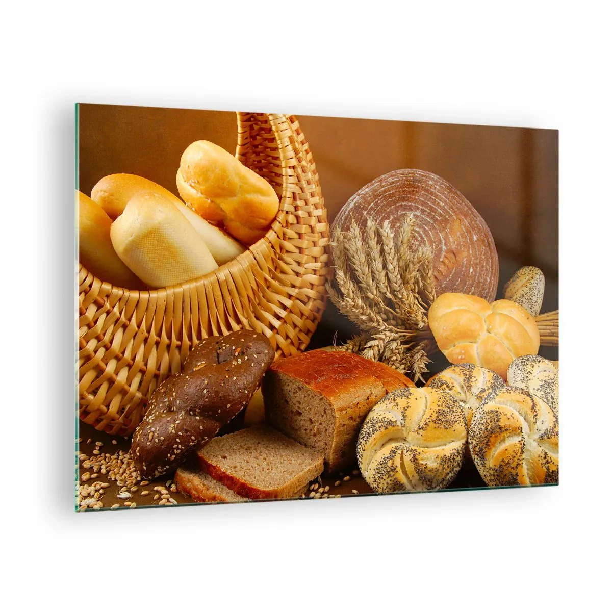 Billede på glas - En kurv med brød og brød mod baggrunden af kornaks - 70x50cm - Vi slap væk igen - Moderne vægdekoration til stue og soveværelse ARTTOR