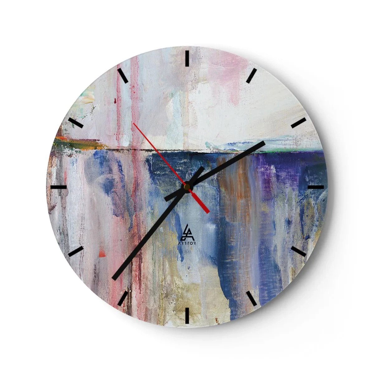 Vægur, Uret - En malerisk komposition med farvestænk i blå og lyserøde nuancer. - 30x30cm - Farverige indtryk og associationer - Moderne vægdekoration til stue, køkken og soveværelse ARTTOR