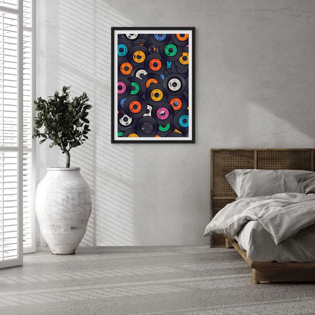 Plakat i sort ramme - En samling af farverige vinylplader - 50x70cm - Farver fra klassikerne - Moderne vægdekoration til stue og soveværelse ARTTOR