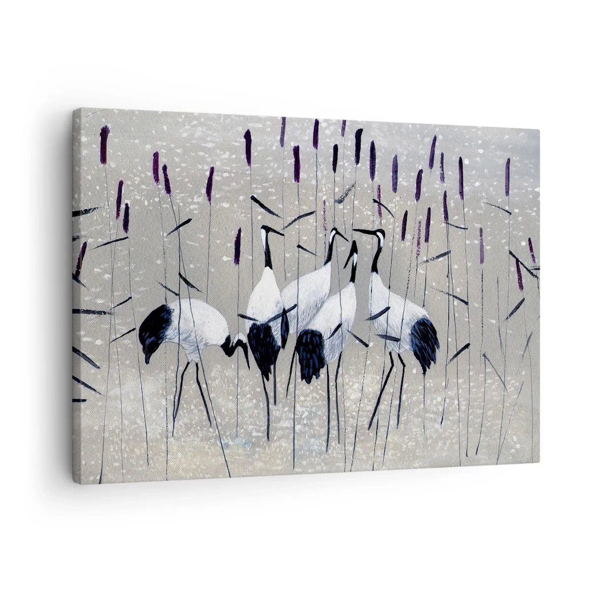 Lærredstryk - Billede på lærred - Hejrer i græsset mod en fredelig baggrund - 70x50cm - Blandt sine egne - Moderne vægdekoration til stue og soveværelse ARTTOR