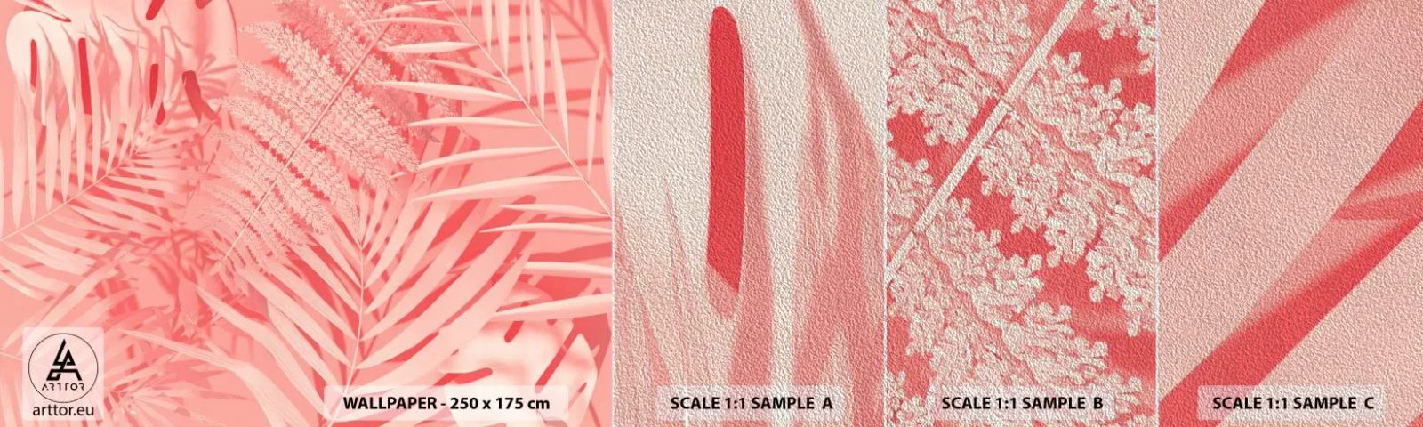 Prøve Fototapet Premium Sand - Lyserødt koncept - Abstraktion, Palmeblad, Grafik - 100x30 cm