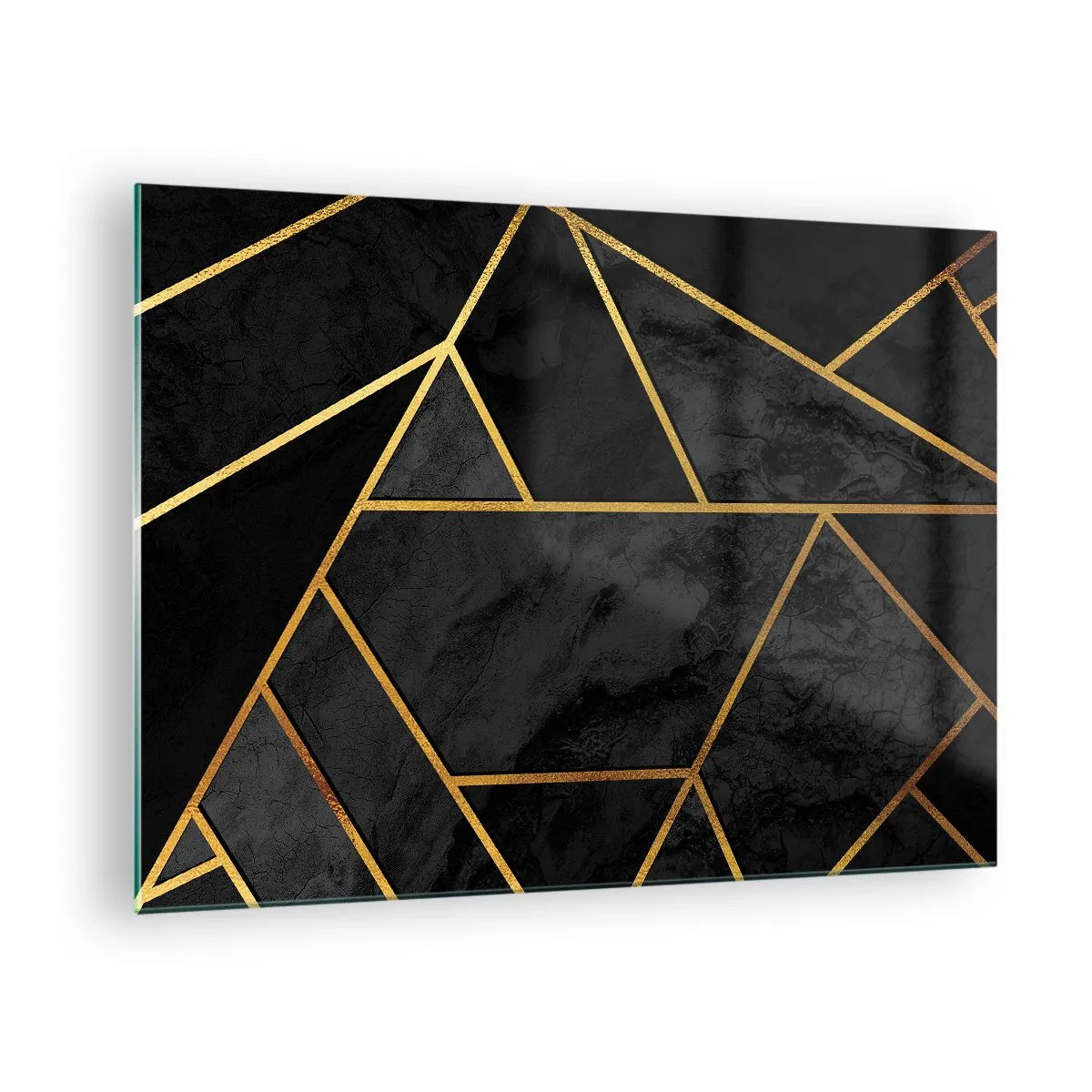 Billede på glas - Sort og guld geometrisk komposition på en marmorbaggrund - 70x50cm - Mørke og lys - Moderne vægdekoration til stue og soveværelse ARTTOR